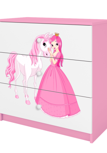 Babydreams brnekommode med prinsesse med hest, m. 3 skuffer - hvid og lyserd laminat