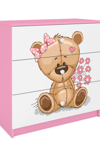 Babydreams brnekommode med bamse med blomster, m. 3 skuffer - hvid og lyserd laminat