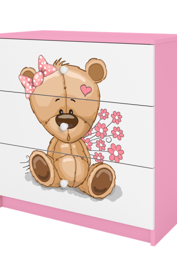 Babydreams brnekommode med bamse med blomster, m. 3 skuffer - hvid og lyserd laminat