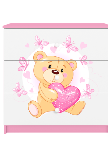 Babydreams brnekommode med bamse med sommerfugle, m. 3 skuffer - hvid og lyserd laminat