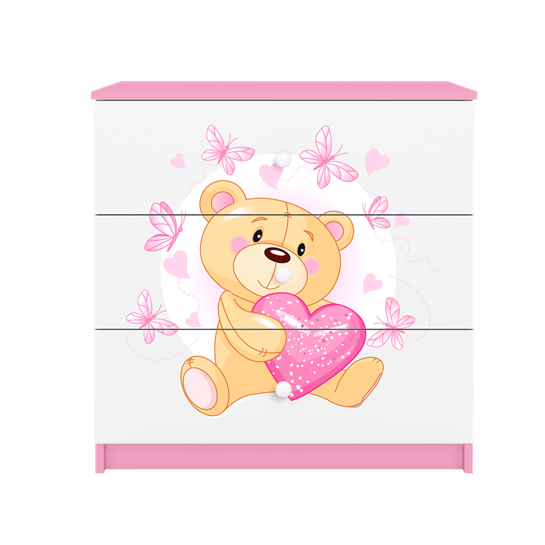 Babydreams brnekommode med bamse med sommerfugle, m. 3 skuffer - hvid og lyserd laminat
