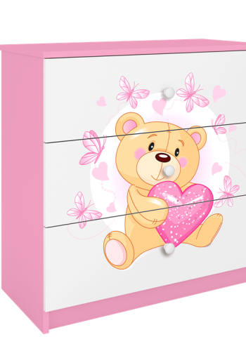 Babydreams brnekommode med bamse med sommerfugle, m. 3 skuffer - hvid og lyserd laminat