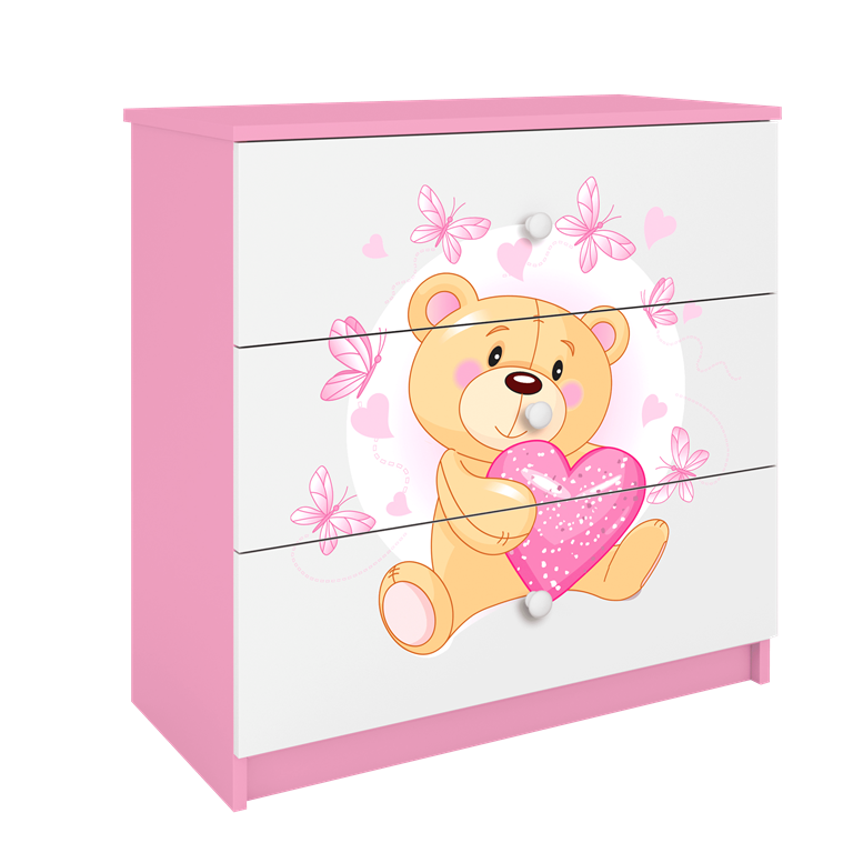 Babydreams brnekommode med bamse med sommerfugle, m. 3 skuffer - hvid og lyserd laminat
