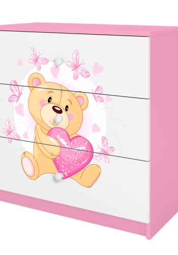 Babydreams brnekommode med bamse med sommerfugle, m. 3 skuffer - hvid og lyserd laminat