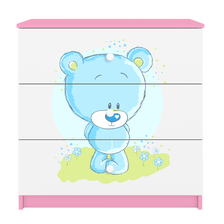 Babydreams brnekommode med bl bamse, m. 3 skuffer - hvid og lyserd laminat