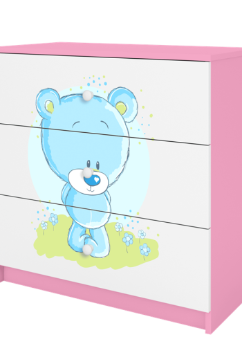 Babydreams brnekommode med bl bamse, m. 3 skuffer - hvid og lyserd laminat