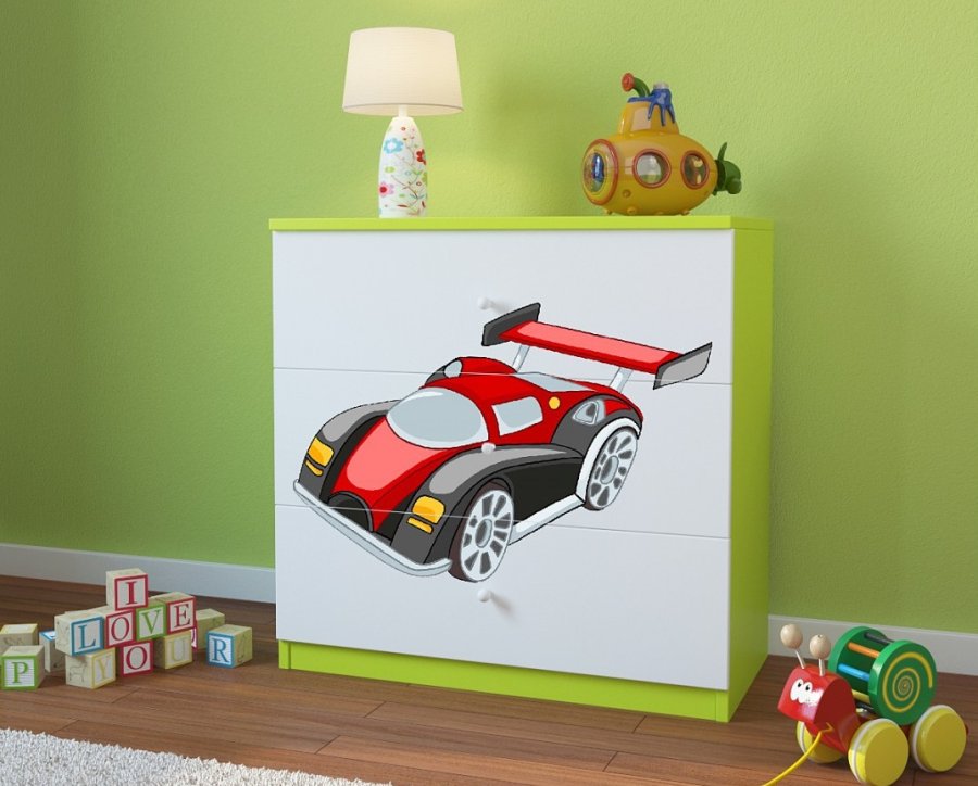 Babydreams brnekommode med racerbil, m. 3 skuffer - hvid og grn laminat