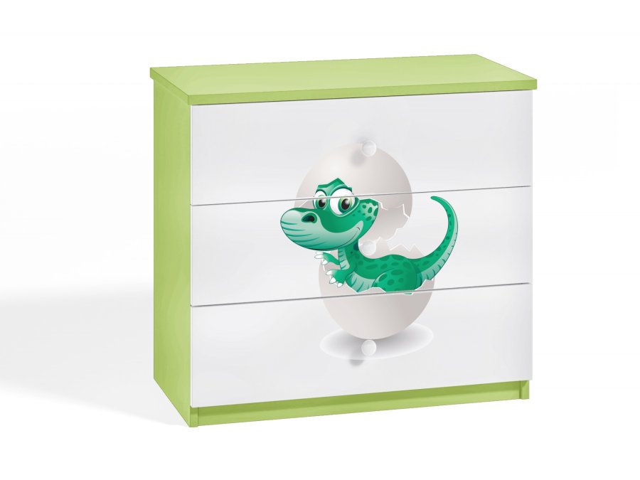 Babydreams brnekommode med lille dino, m. 3 skuffer - hvid og grn laminat