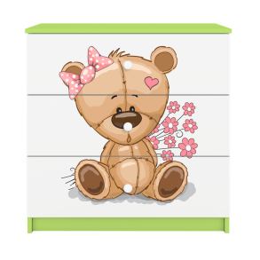 Babydreams brnekommode med bamse med blomster, m. 3 skuffer - hvid og grn laminat