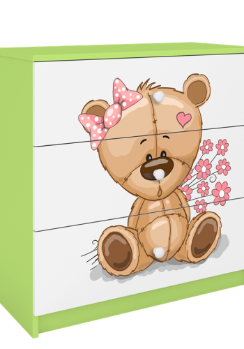 Babydreams brnekommode med bamse med blomster, m. 3 skuffer - hvid og grn laminat