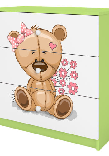 Babydreams brnekommode med bamse med blomster, m. 3 skuffer - hvid og grn laminat