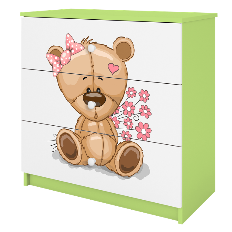 Babydreams brnekommode med bamse med blomster, m. 3 skuffer - hvid og grn laminat