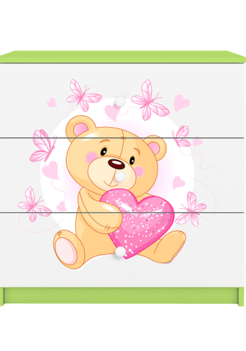 Babydreams brnekommode med bamse med sommerfugle, m. 3 skuffer - hvid og grn laminat
