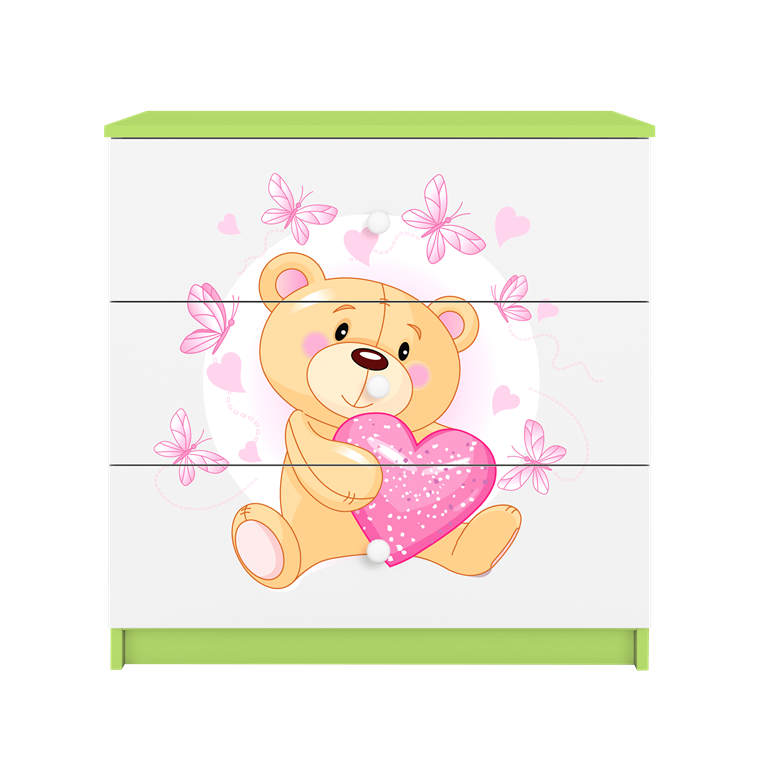 Babydreams brnekommode med bamse med sommerfugle, m. 3 skuffer - hvid og grn laminat