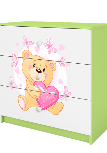 Babydreams brnekommode med bamse med sommerfugle, m. 3 skuffer - hvid og grn laminat