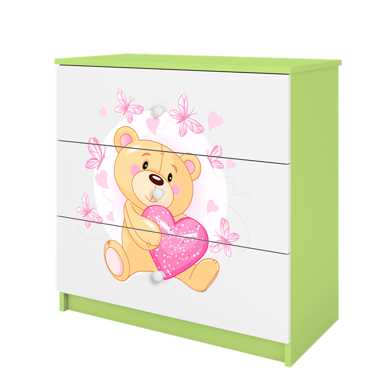 Babydreams brnekommode med bamse med sommerfugle, m. 3 skuffer - hvid og grn laminat