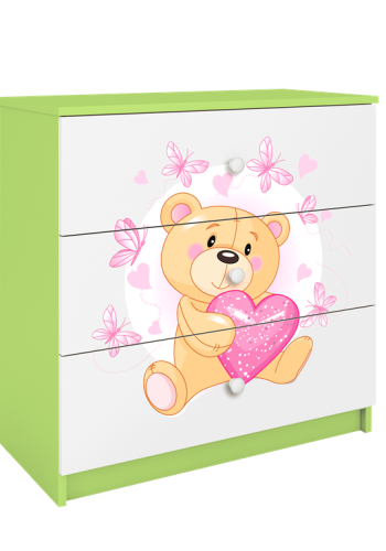 Babydreams brnekommode med bamse med sommerfugle, m. 3 skuffer - hvid og grn laminat