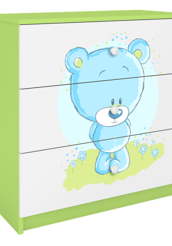Babydreams brnekommode med bl bamse, m. 3 skuffer - hvid og grn laminat