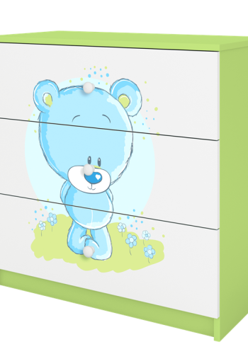 Babydreams brnekommode med bl bamse, m. 3 skuffer - hvid og grn laminat