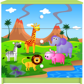 Babydreams brnekommode med safari dyr, m. 3 skuffer - multifarvet og grn laminat