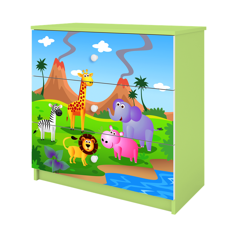 Babydreams brnekommode med safari dyr, m. 3 skuffer - multifarvet og grn laminat