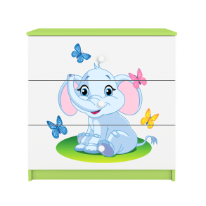 Babydreams brnekommode med elefant med sommerfugle, m. 3 skuffer - hvid og grn laminat