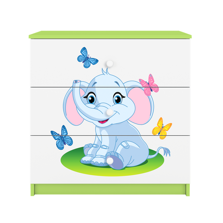 Babydreams brnekommode med elefant med sommerfugle, m. 3 skuffer - hvid og grn laminat