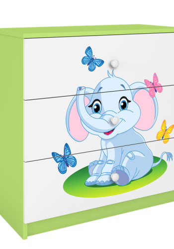 Babydreams brnekommode med elefant med sommerfugle, m. 3 skuffer - hvid og grn laminat
