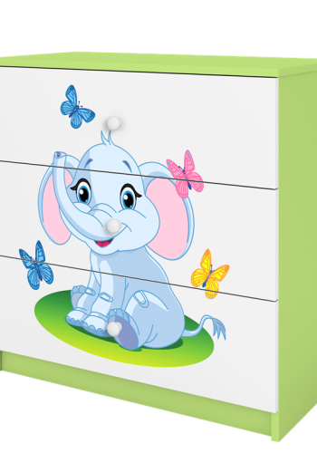 Babydreams brnekommode med elefant med sommerfugle, m. 3 skuffer - hvid og grn laminat