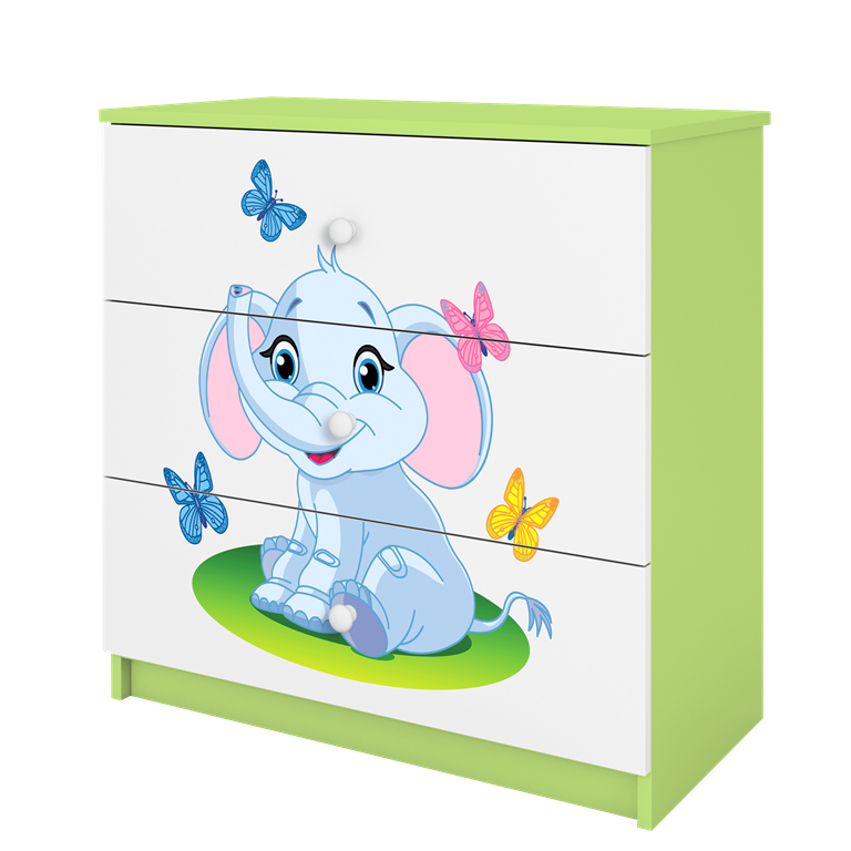 Babydreams brnekommode med elefant med sommerfugle, m. 3 skuffer - hvid og grn laminat