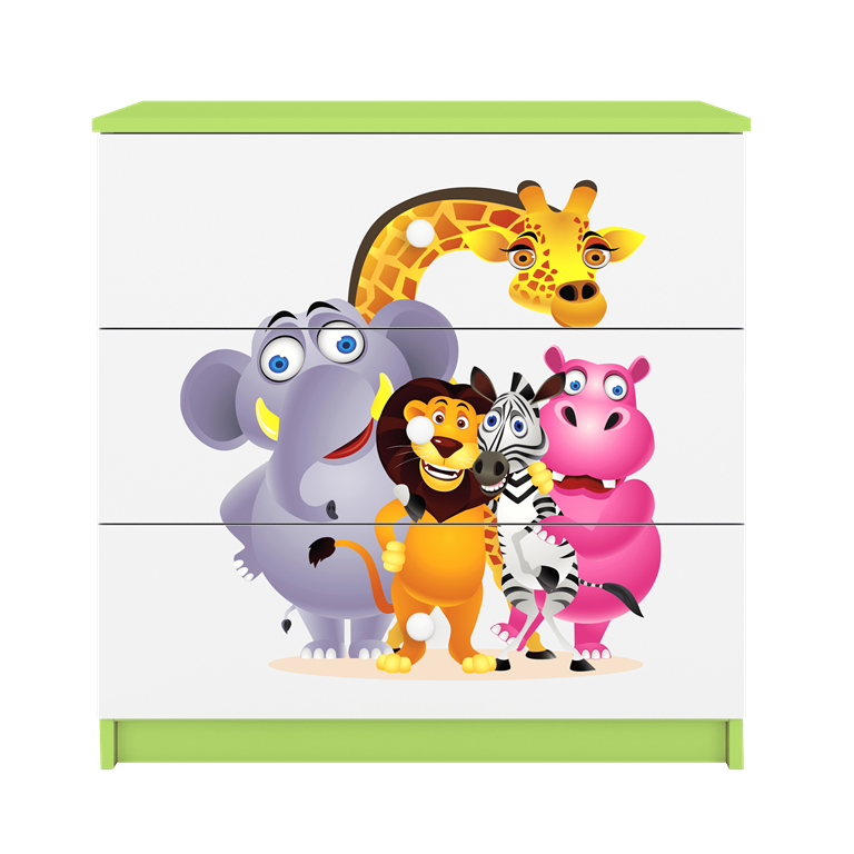 Babydreams brnekommode med Zoo dyr, m. 3 skuffer - hvid og grn laminat