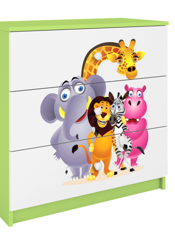 Babydreams brnekommode med Zoo dyr, m. 3 skuffer - hvid og grn laminat