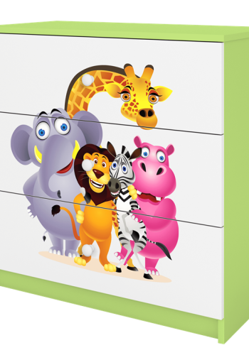 Babydreams brnekommode med Zoo dyr, m. 3 skuffer - hvid og grn laminat