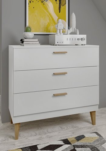 Kubi brnekommode, m. 3 skuffer - hvid spnplade og natur eg