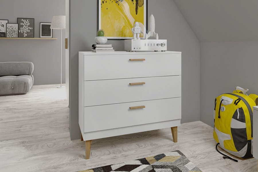 Kubi brnekommode, m. 3 skuffer - hvid spnplade og natur eg