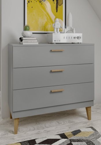Kubi brnekommode, m. 3 skuffer - gr spnplade og natur eg