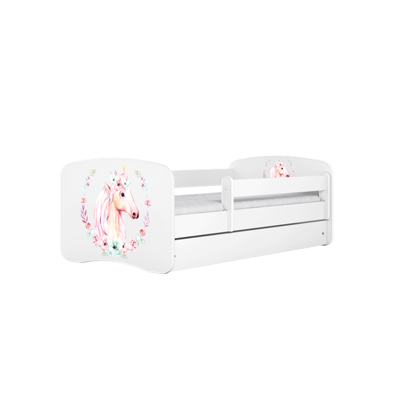 Babydreams juniorseng med hest, m. madras, sengehest og skuffe - hvid laminat (180x80)