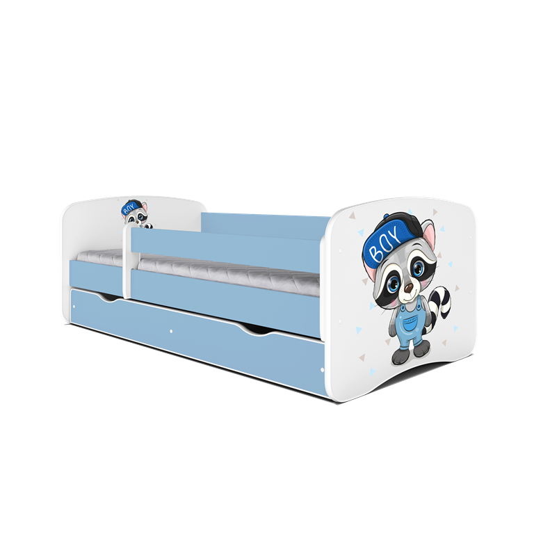 Babydreams juniorseng med vaskebjrn, m. madras, sengehest og skuffe - hvid og bl laminat (140x70)