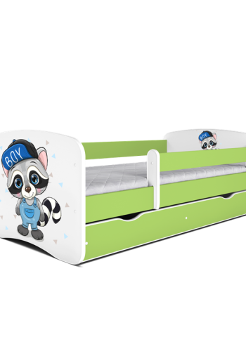 Babydreams juniorseng med vaskebjrn, m. madras, sengehest og skuffe - hvid og grn laminat (140x70)