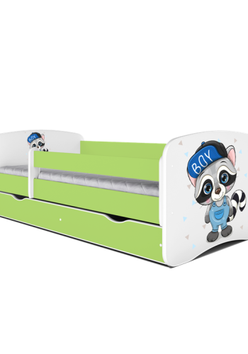 Babydreams juniorseng med vaskebjrn, m. madras, sengehest og skuffe - hvid og grn laminat (180x80)