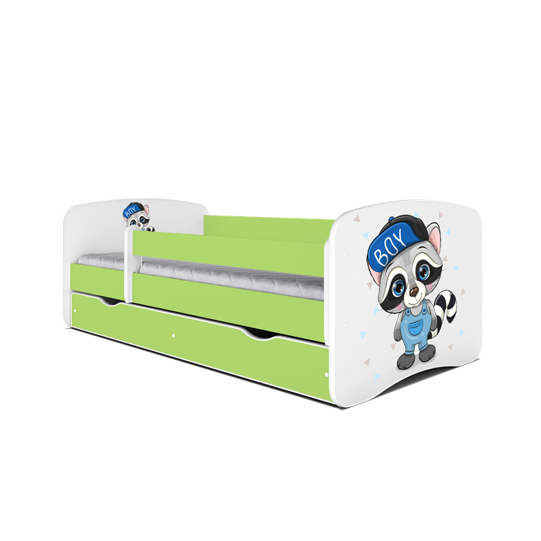 Babydreams juniorseng med vaskebjrn, m. madras, sengehest og skuffe - hvid og grn laminat (180x80)