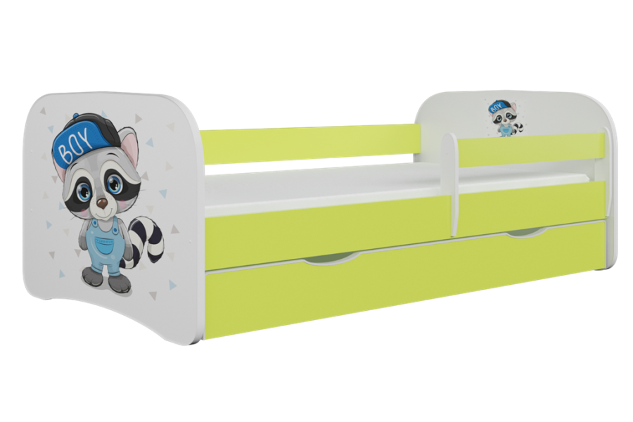 Babydreams juniorseng med vaskebjrn, m. madras, sengehest og skuffe - hvid og grn laminat (180x80)