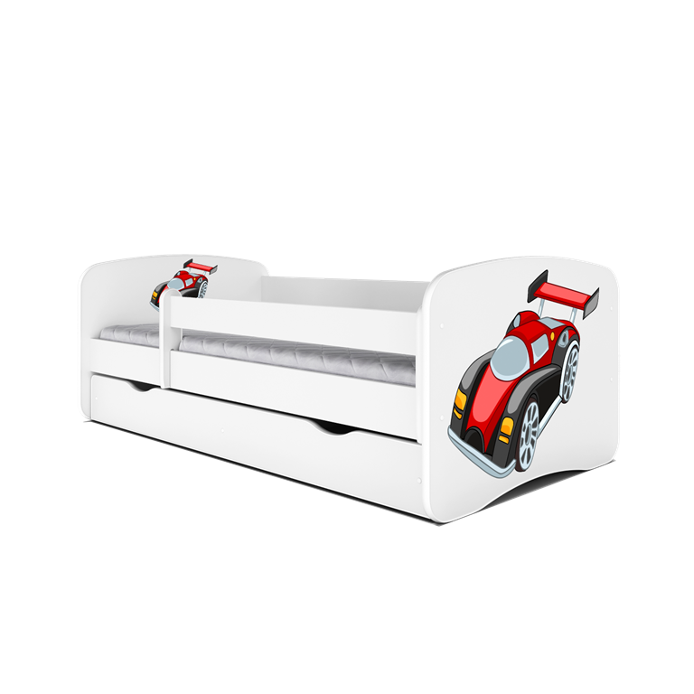 Babydreams juniorseng med racerbil, m. madras, sengehest og skuffe - hvid laminat (140x70)