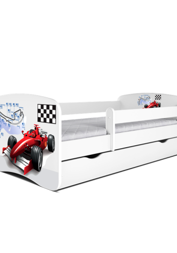 Babydreams juniorseng med racerbil, m. madras, sengehest og skuffe - hvid laminat (140x70)
