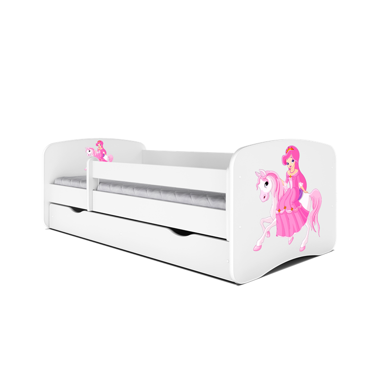 Babydreams juniorseng med prinsesse p hest, m. madras, sengehest og skuffe - hvid laminat (140x70)