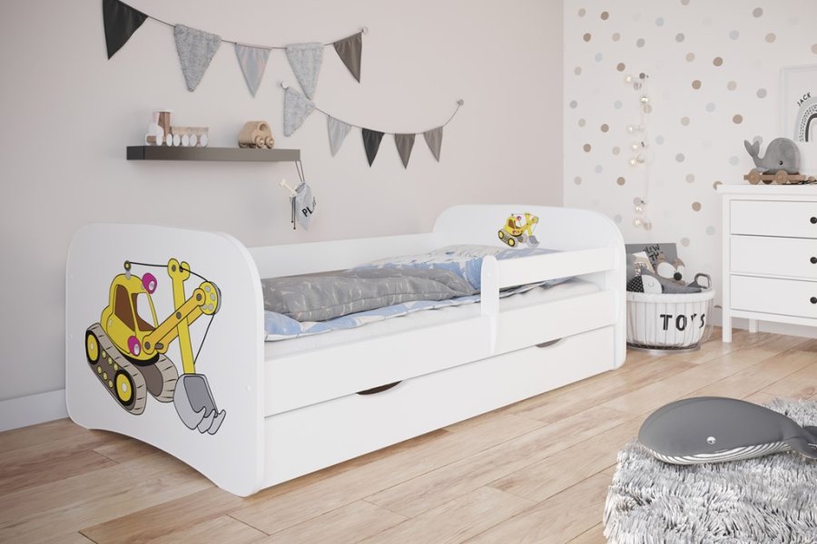 Babydreams juniorseng med gravemaskine, m. madras, sengehest og skuffe - hvid laminat (140x70)