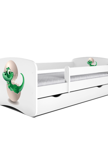 Babydreams juniorseng med lille dino, m. madras, sengehest og skuffe - hvid laminat (140x70)