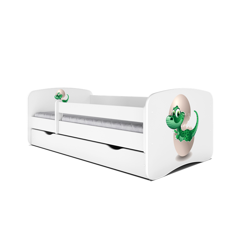Babydreams juniorseng med lille dino, m. madras, sengehest og skuffe - hvid laminat (140x70)