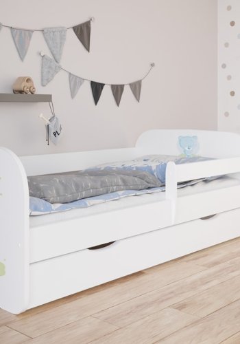 Babydreams juniorseng med bl bamse, m. madras, sengehest, skuffe - hvid laminat (140x70)