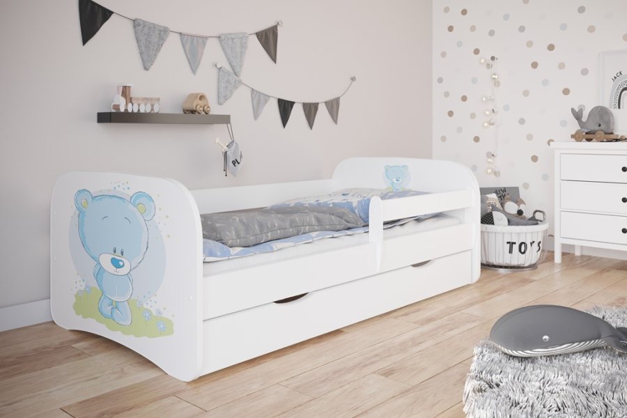 Babydreams juniorseng med bl bamse, m. madras, sengehest, skuffe - hvid laminat (140x70)